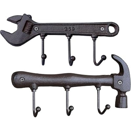 Set of 2 Wrench and Hammer Cast Iron Metal Wall Coat Hooks Hat Rack, Rustic Retro Vintage Wall Mounted Coat Rack Key Holder for Men's Workshop Garage Tools Holder Hook Wall Sign Decoration