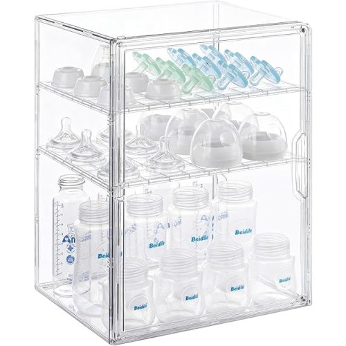 Baby Bottle Storage Organizer for Countertop Cabinet, 3 Tier Adjustable Bottles Station Container, Clear Acrylic Case Box with 2 Removable Dividers and Magnetic Door, Large