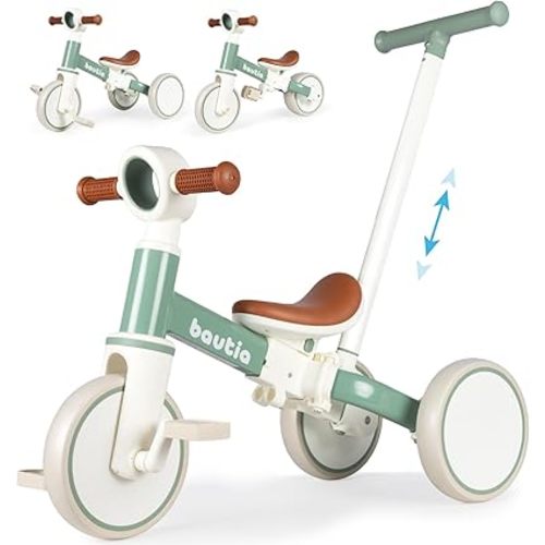 Kids Tricycle for Toddlers 1-3 with Push Handle, 5 in 1 Baby Balance Bike Toy for 1-4 Years Old Boys Girls Gift with Removable Pedals, Mint (No Parent Steering Version)