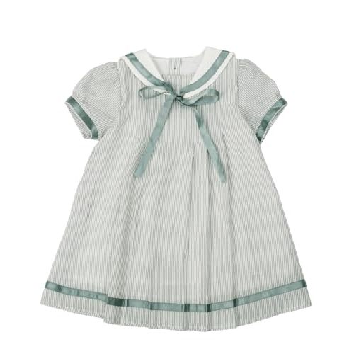 Twoflower Toddler Girl Short Sleeve Sailor Dress Striped Vintage Gray Green Collar A-Line Casual Cotton Uniform Dress