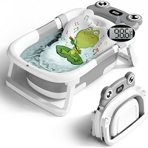 Baby Bathtub, Collapsible Newborn Bathtub for Infant to Toddler with Soft Cushion and Thermometer,Portable Travel Newborn Tub with No-Slip Feet, Baby Shower Gifts, 0-12 Months Baby Bath, Grey