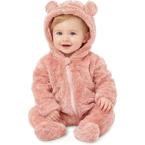 Baby Plush Long Sleeve Polar Fleece Jumpsuit With Bear Ears Baby Fleece Hooded Jumpsuit Infant Winter Outfit