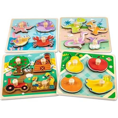 Wooden Toddler Puzzles - 4 Pcs Eco-Friendly Animal Patterns Jigsaw With Handles - Infant Kid Fine Motor Skill Learning Educational Montessori Toys for 1-3 Years Old