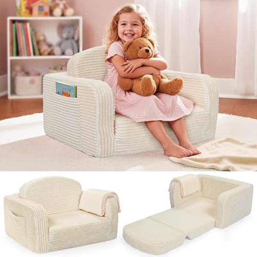 2 in 1 Convertible Kids Couch - Corduroy Fold Out Kids Sofa Chair with Blanket, Comfy Comfortable Toddler Chair, Machine-Washable Cover, for Boys Girls, Medium Beige