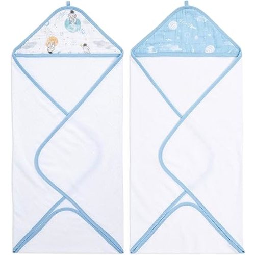 aden + anais Essentials Hooded Baby Bath Towel, Super Soft 100% Cotton, 2 Pack, Space Explorers