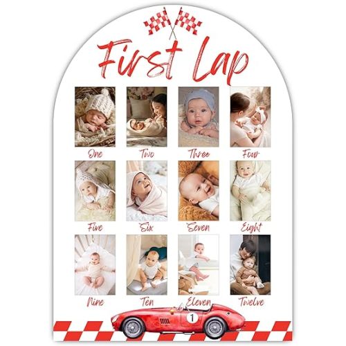 Red First Lap My First Year Photo Board, Racing Car Baby Milestone Signs for Boys Girls Nursery Decor, 12 Month Wooden Picture Board for 2x3 Photos, Best Babies Keepsake Gifts-B02