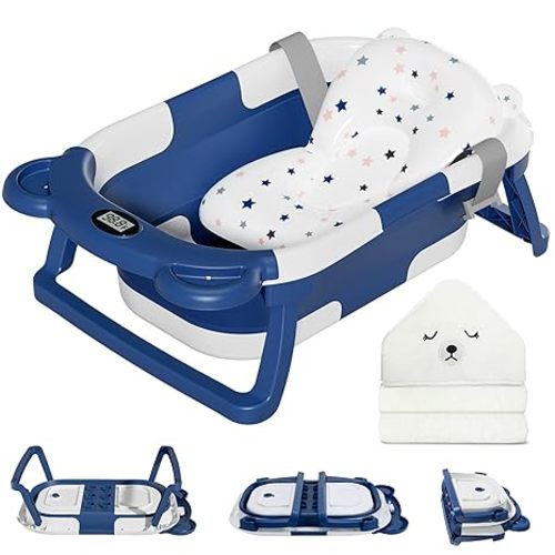 MoreFeel Collapsible Baby Bathtub for Newborn with Thermometer & 1 Hooded Towel & 1 Soft Floating Cushion,Portable Travel Bathtub with Drain Hole, Durable Foldable Baby Tubs for Infants to Toddler