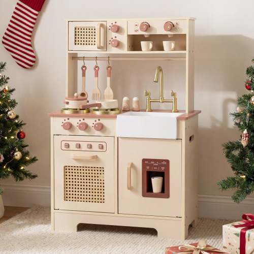 OLAKIDS Wooden Play Kitchen for Kids with Lights, Sounds & Accessories, Pretend Cooking Toy Set for Ages 3+