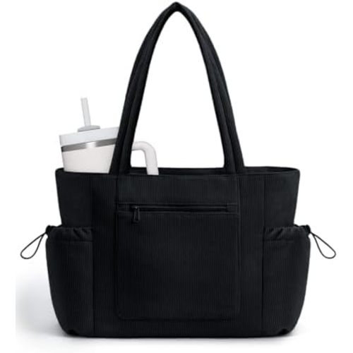 ECOHUB Large Corduroy Tote Bag for Women with Cup Holder & Luggage Sleeve & Laptop Compartment for Work Travel College Casual