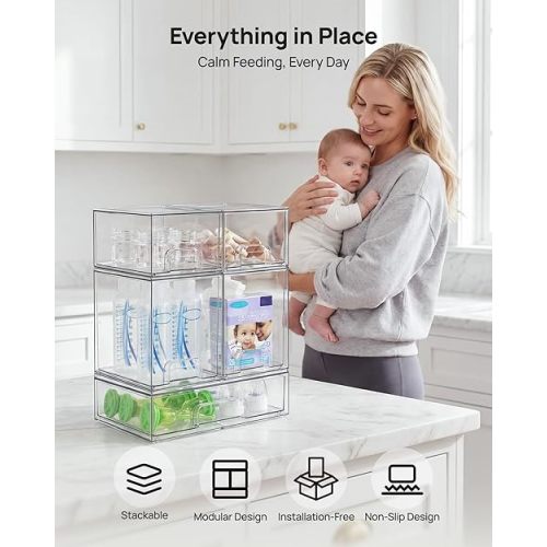 Vtopmart Stackable Storage Drawers Set of 5, Clear Plastic Organizer Bins for Baby Bottle, Beauty Supplies Storage, Ideal for Kichen Countertop, Vanity, Bathroom, Cabinet, Pantry Organization