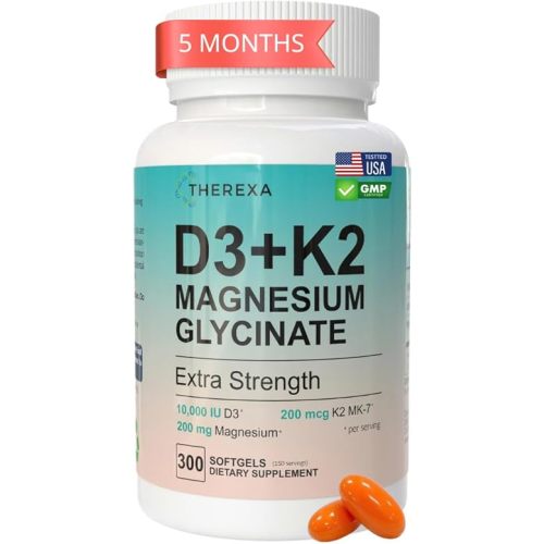 Vitamin D3 K2 Magnesium Supplement - Extra Strength with 10000 IU Vitamin D3, Magnesium Glycinate and 200 mcg K2 MK-7 Vitamin Supplements Complex, for Women & Men - 300 Softgels