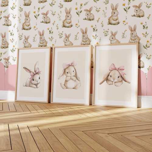 Pink Rabbit Nursery Wall Art Set of 3: Playful Kids Room Decor
