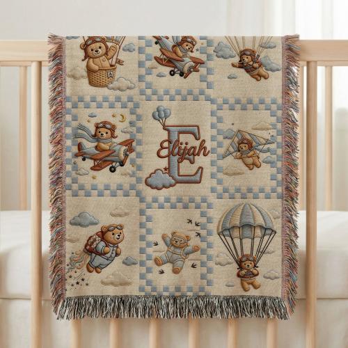 Personalized Baby Boy Woven Throw Blanket | Custom Name & Initial | Teddy Bear Aviator | Baby Shower Gift | Nursery Decor Fringe Blanket