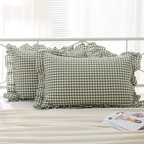 2 Pack Sage Green White Plaid Ruffle Pillow Shams Standard Size 20x26 inches, 100% Cotton Gingham Checkered Farmhouse Pillowcases for Bed/Sofa (20x26 inches, Sage Green/White Plaid)