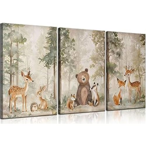 MIZILI 3Pcs Woodland Animal Nursery Canvas wall art Wild Animals Forest Paintings Pictures Wall Decor Fox Bear Deer Watercolor Poster Printing Artwork for Boys Room Girls Room Home Decoration