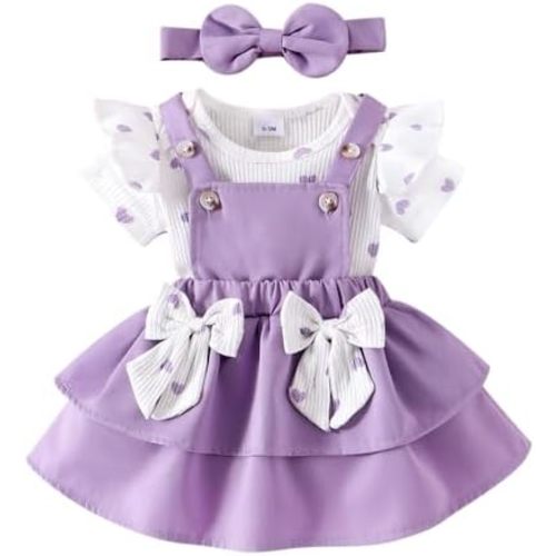 Baby Girl Clothes Newborn Romper Love Heart Print Short Sleeved Ruffled Bow Skirt Headband Outfits Set 0-18 Months