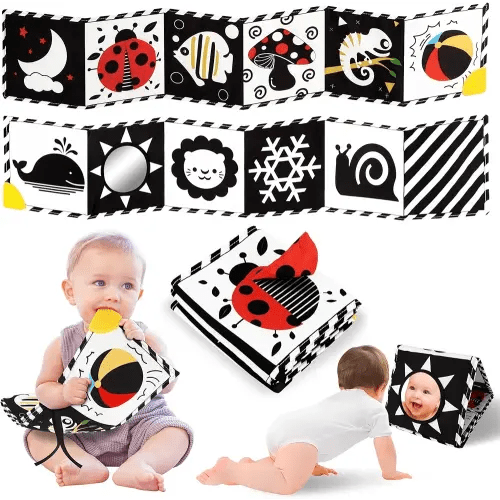 Tummy Time Toys, High Contrast Baby Book with Mirror & Teether, Black and White Infant Books, 0-6-12 Months Soft Book for Newborn, Sensory Books, Tummy Time Car Seat Toys 0-6 Month Boy Girl Gift