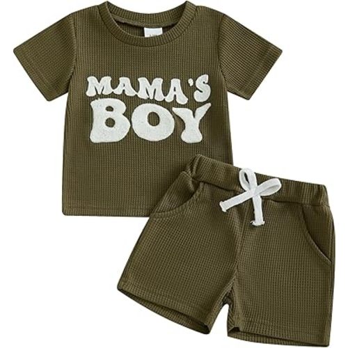 allshope Baby Boy Summer Outfit Set Letter Embroidery Short Sleeve T Shirt Solid Shorts Waffle Knit Clothes 6 12 18 24 Months
