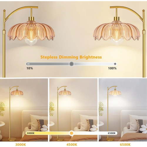 Arc Floor Lamps for Living Room Gold Floor Lamp with Remote Control,Dimmable Floor Lamp with Glass Lampshade,Vintage Mid Century Modern Standing Lamp Tall Flower Lamps for Bedroom Corner