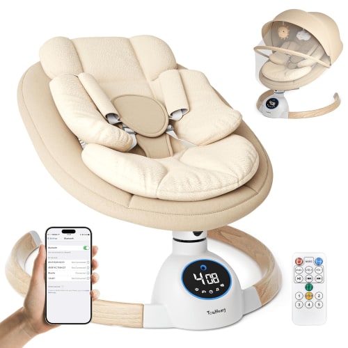 TouHeart Electric Baby Swing, Infant Rocker with Bluetooth & Remote,5 Speeds,10 Lullabies,3 Timing, Khaki