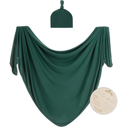 Large Jersey Knitted Swaddle Blanket for Baby, Soft Stretchy Receiving Blanket for Newborns with Hat, Baby Nursery Swaddle 47 x 47 inches(Peacock)