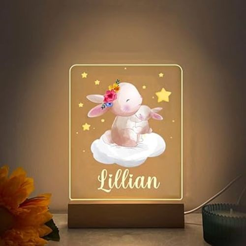 Custom Name Baby Night Light, Adorable Animal Pattern LED Nursery Lamp, Thoughtful Personalized Gift for Newborn Boy & Girl, Acrylic Bedside Decor (Rabbit)
