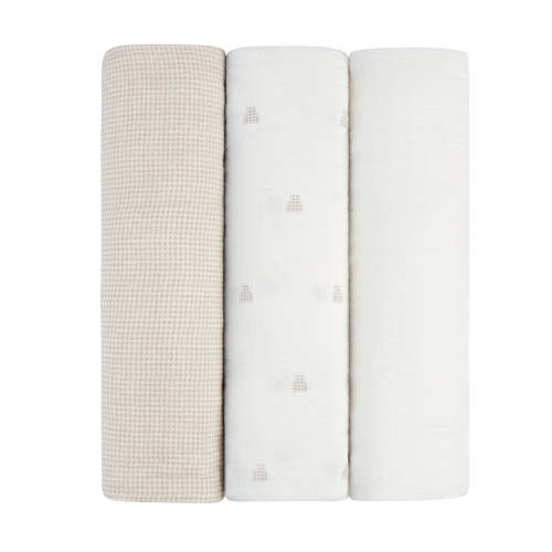 3 Pack Muslin Swaddles – Tan - Gingham Bear Collection – Ely's & Co.