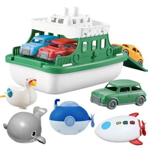 Etokfoks 9 Piece Ferry Boat Bath Toy Set with 4 Mini Cars and 4 Wind Up Swimming Toys Whales Submarines Swans Rockets for Kids