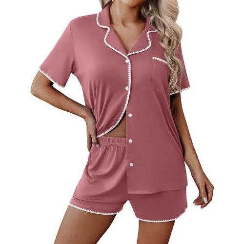 Ekouaer Pajamas for Women Set 2 Piece Soft Button Down Top and Shorts