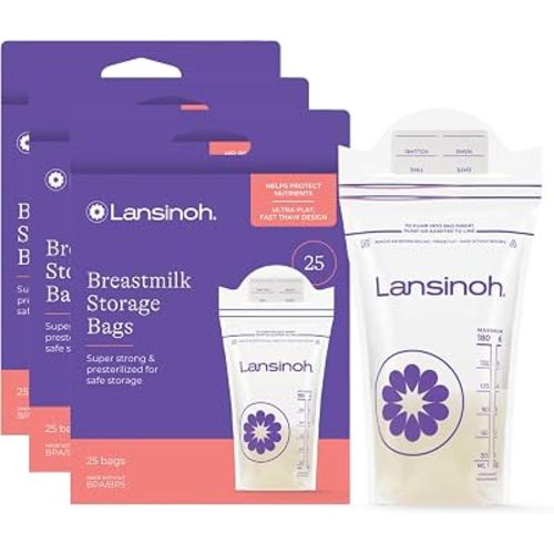 Lansinoh Breastmilk Storage Bags, 6 Ounce, 75 Count | Baby Essentials, Fast Freeze & Thaw Breast Milk Bags for Baby Bottle Feeding, Strength & Stretch