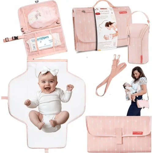 Premium Portable Diaper Changing Pad – CPC Certified Waterproof 2-in-1 Diaper Clutch & Changing Mat with Head Cushion – Bonus Insulated Bottle Bag – Travel Kit Gift for Baby Girls & Boys (Peach)