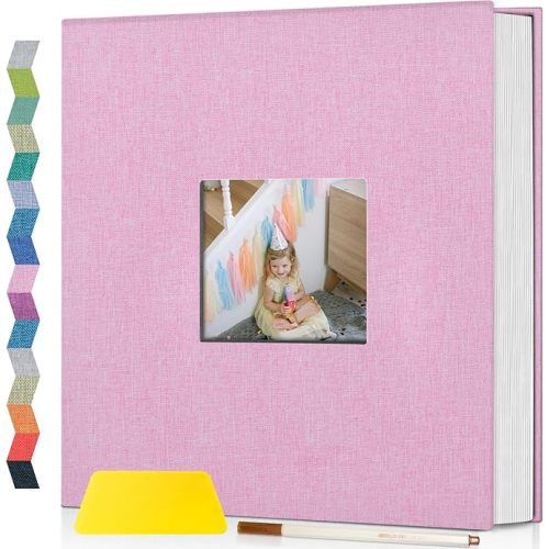 Popotop Photo Album Self Adhesive with Picture Display Window,40 Pages DIY Scrapbooking Supplies Kit for 4x6 8x10 Picture,Linen Cover Memory Book for Baby Wedding, with Scraper and Metallic Pen