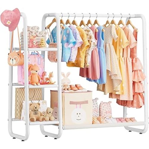 Kids Dress Up Storage with 4 Storage Shelf, More Storage Space Kids Clothing Rack for Costume Organizer Playroom Kids Girls Bedroom Nursery Organizer (White)