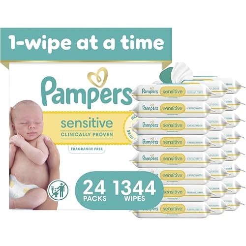 Pampers Sensitive Baby Wipes, Unscented, Fragrance Free, Clinically Proven, Water Based, Hypoallergenic, Multi-Use, Hand Wipes, 1344 Wipes Total (24X Flip-Top Packs)
