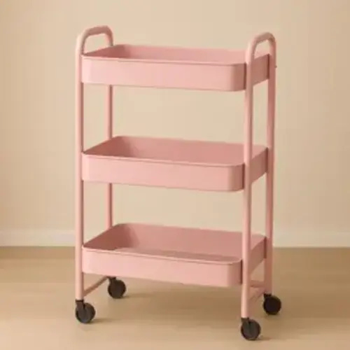 3-Tier Rolling Cart with 6 Hooks – Metal Utility Storage Cart on Wheels with Handle, Organizer for Classroom, Office, Dorm & Home, Pink & White, Steel Racks bathroom organizer shoe rack organizer - TikTok Shop