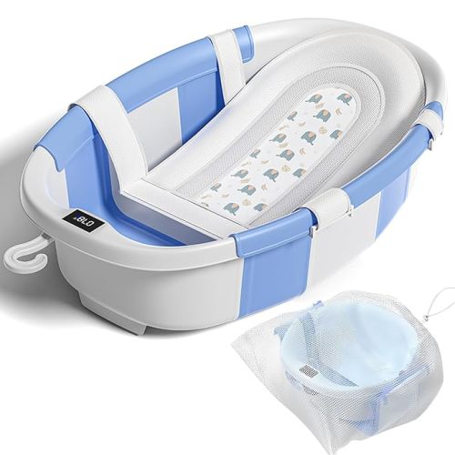 Collapsible Baby Bathtub with Soft Cushion and Thermometer, Newborn to Toddler Tub 0-36 Months with Toy Storage Mesh Bag, Portable Travel Bath for Infants (Grey)