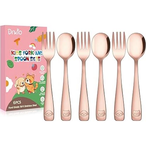 DRKIO Stainless Steel Toddler Utensils Set - 6 Pieces Kids Silverware Set Children Safe Food Grade Small Forks and Spoons Dishwasher Safe Mirror Polished