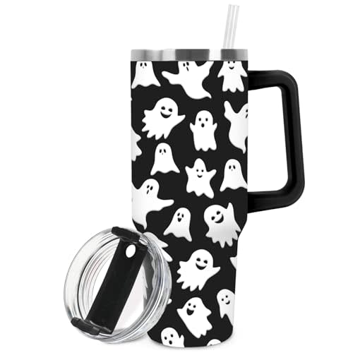 JarThenaAMCS Halloween Tumbler with Lid and Straw 40oz Black White Ghost Tumbler with Handle Cute Boo Stainless Steel Cup for Home Office Travel