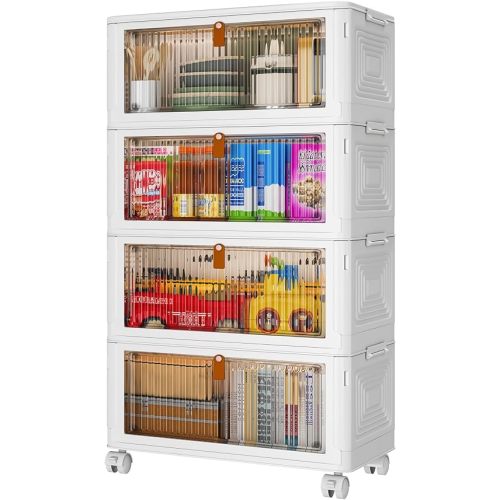 4 Tier Plastic Storage Bins with Lid 36QT, Stackable Storage Containers with Wheels, Folding Storage Boxes, Stackable Storage Bins, Organizers and Storage for Living Room,Office,Dorm
