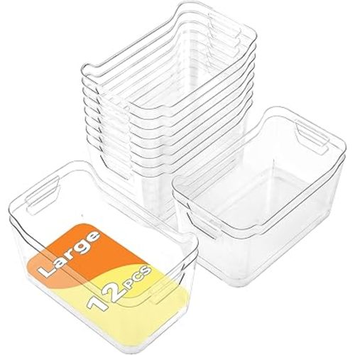 Clear Plastic Storage Bins - 12 Pack Pantry Organizers and Storage,Large Clear Pantry Organizer Bins, Plastic Containers with Handle for Kitchen,Freezer,Cabinet,Closet,Bathroom Under Sink