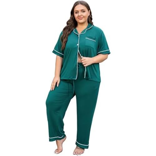 Vozanet Women's Plus Size Pajamas Button Down Shirt and Pants Soft Lounge Sets Bride Nighty Bottom with Pockets 1x to 5x