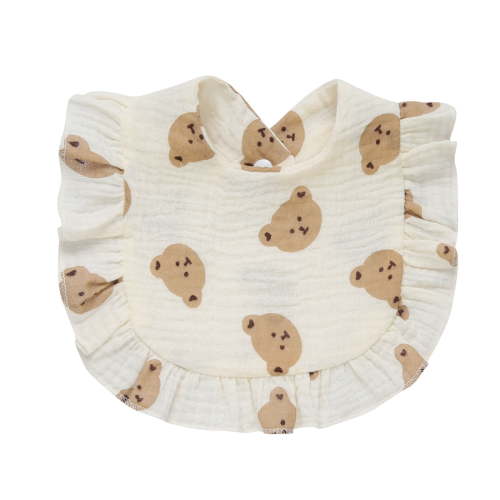 Muslin Bibs Unisex Baby Cotton Drooling Teething Bibs Ruffle Hem Reusable Absorbent Newborn Cute Soft Burp Cloths, Bear