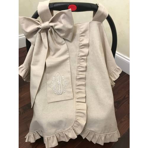 Natural Linen Blend Personalized Car Seat Canopy with Large Bow and Ruffle, Monogrammed Car Seat Tent, Baby Shower Gift