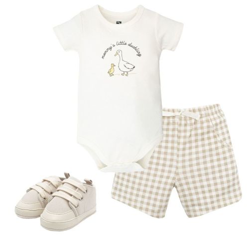 Hudson Baby Boy Cotton Bodysuit, Shorts and Shoe Set, Little Duckling, 0-3 Months