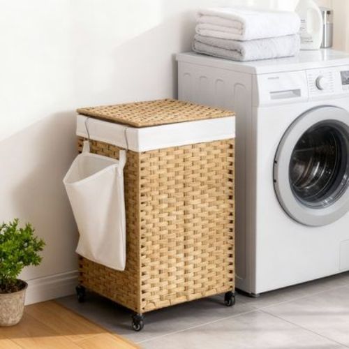 LEDREM 3 Section Laundry Hamper with Lid, Rolling Wicker Laundry Basket, 42.3 Gal., 18.1 x 15.7 x 26 Inches, Yellow