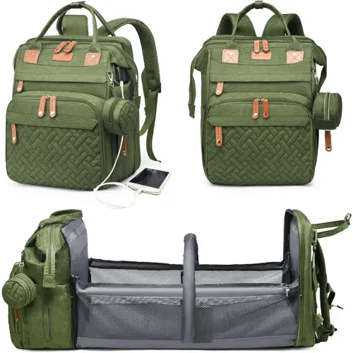 Baby Diaper Bags with Changing Station, Waterproof Diaper Bag Backpack for Moms Dads with USB Charging Port, Baby Shower Gifts, Large Capacity diaper backpack, Green