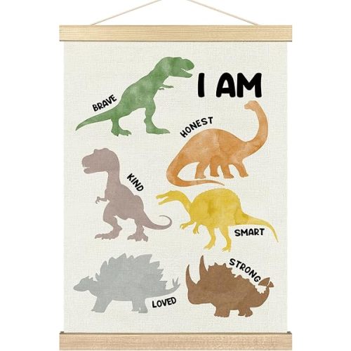 BCUANGD Dinosaurs Dino Wall Decor - Inspirational Boys Room Wall Art Poster Hanger with Wood Frames, Toddler Baby Mental Health Wall Hanging Canvas Decor for Kids Room Nursery Bedroom, 12x16 Inches