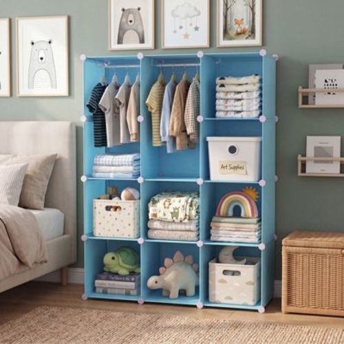 Costway 10-Cube Modular Baby Wardrobe Closet with Hanging Rods & Open Shelves for Clothes Blue