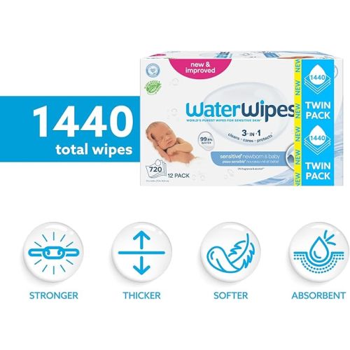 WaterWipes Sensitive+ Newborn & Baby Wipes, 3-In-1 Cleans, Cares, Protects, 99.9% Water, Unscented & Hypoallergenic, 1440 Count (24 Packs)