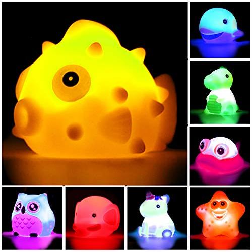 Bath Toys, 8 Pcs Light Up Floating Rubber animal Toys set, Flashing Color Changing Light in Water, Baby Infants Kids Toddler Child Preschool Bathtub Bathroom Shower Games Swimming Pool Party